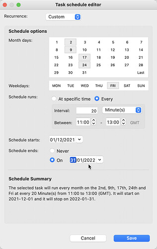 Task scheduling in Studio 3T 2021.10 is more precisely controllable