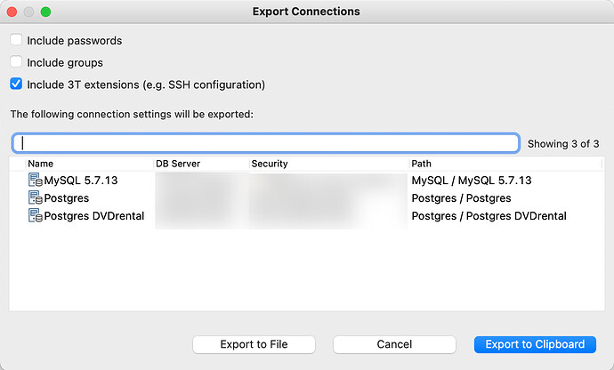 Exporting SQL Connections with Studio 3T 2022.1